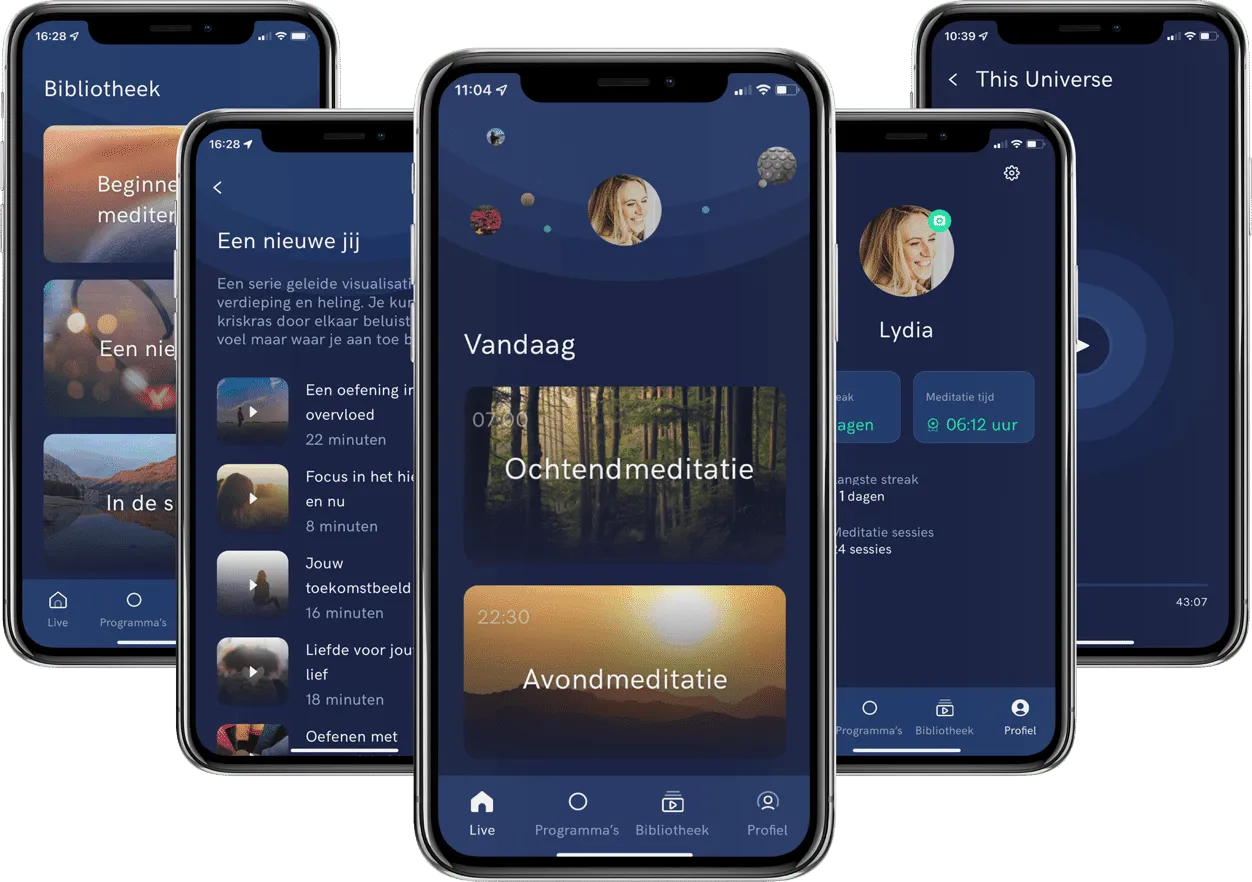 Vijf schermen uit de MeditationTribe-app