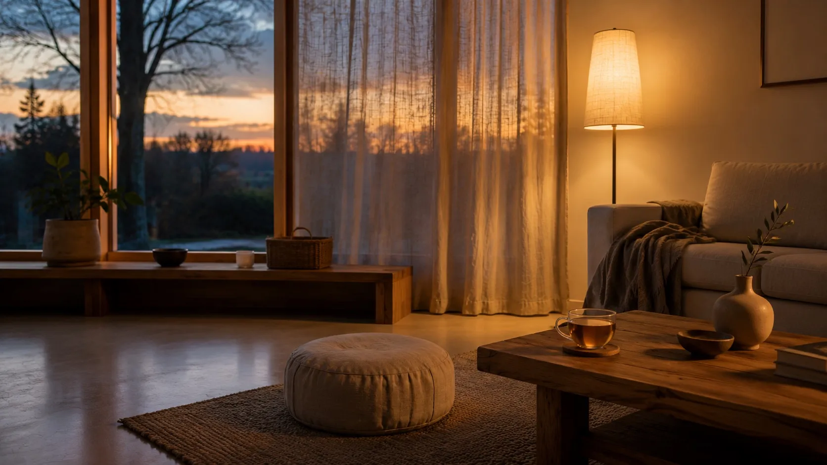 Rustige woonkamer in de schemering met een brandende lamp en een meditatiekussen op een kleed