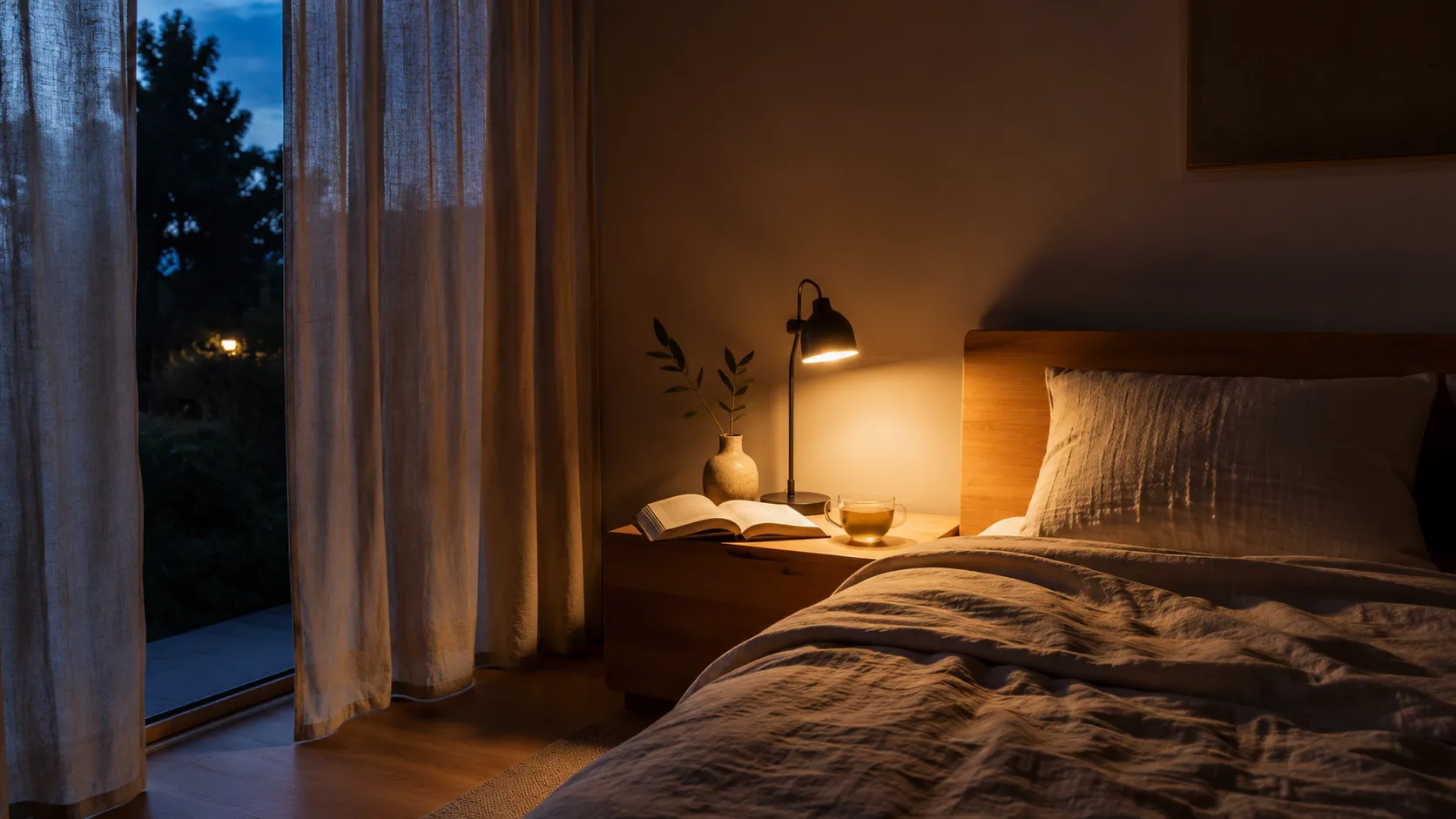 Schemerige slaapkamer met een leeslampje aan naast een opgemaakt bed