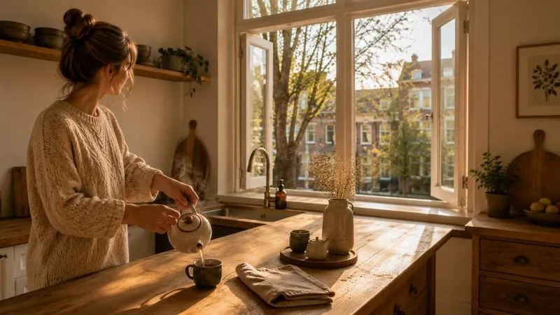 Vrouw schenkt thee in een lichte keuken bij het raam